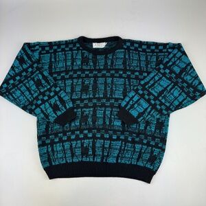 Vintage Jondel Mens Size L Geometric Grandpa Sweater Blue Made in USA